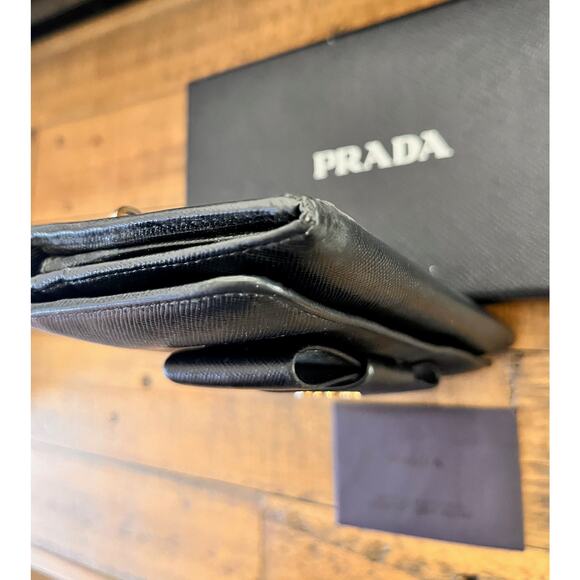 PRADA Black Saffiano Leather Continental Bow Wallet W/Authenticity Card and Box - Picture 15 of 16